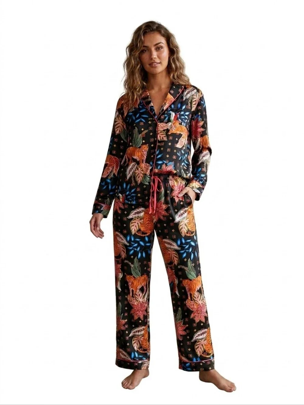 Room Service Tiger Floral Tropical Pajama Set Size S Long Sleeve Sleepwear